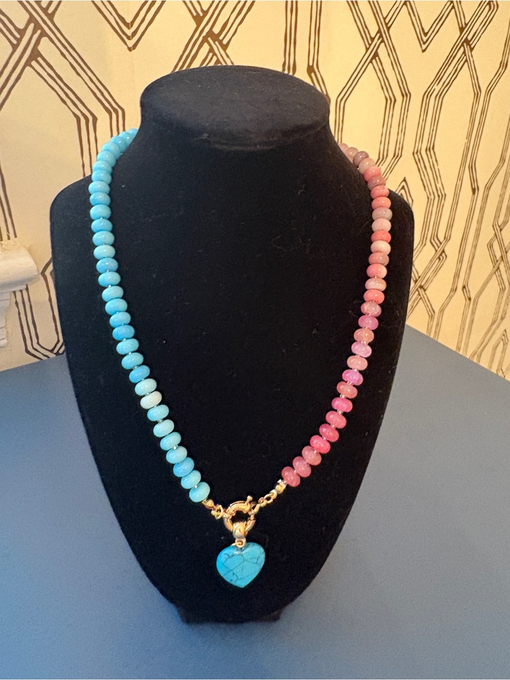 Boutique Blue & Pink Beaded Necklace with Turquoise Heart Pendant